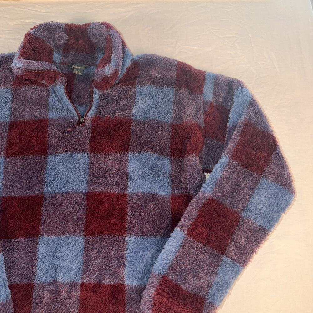 Eddie Bauer Red Blue Check Men's Fleece Jacket Zip Stand Collar L Mid-Length